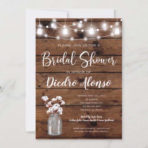 Cotton Mason Jar Rustic Bridal Shower Invitation