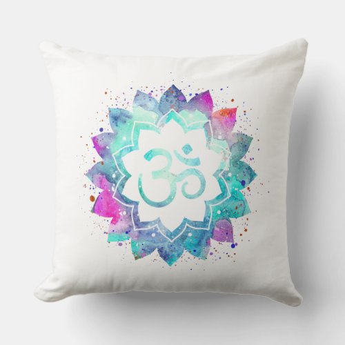  Cotton Om Symbol Watercolor Lotus Mandala Throw Pillow