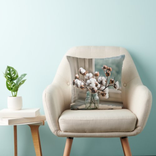 Cotton Plant Branch Bouquet Throw Pillow