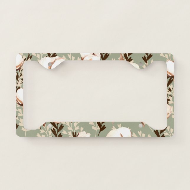 Cotton Plant Pattern Green License Plate Frame (Front)
