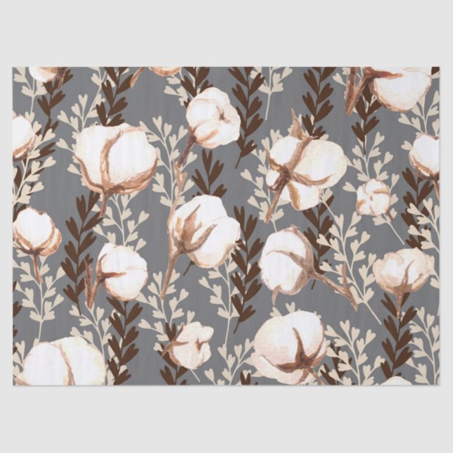 Cotton Plant Pattern Grey Tissue Paper (Front)