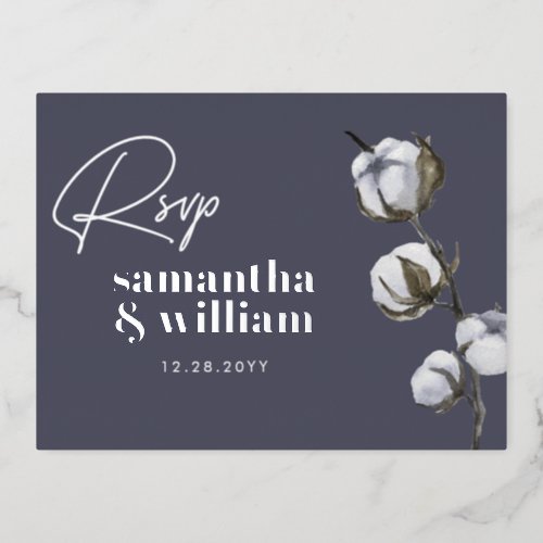 Cotton Silver Minimalist Rustic Winter RSVP Foil Invitation Postcard