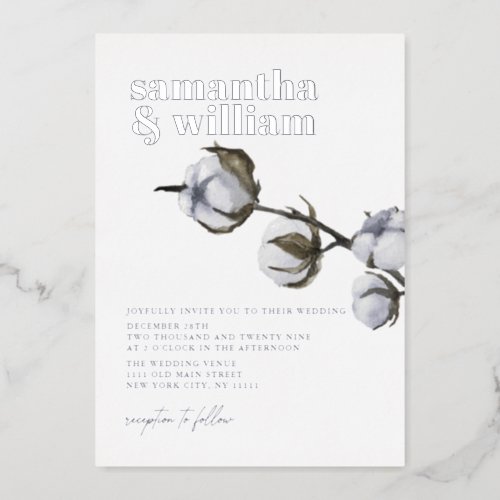 Cotton Silver Minimalist Rustic Winter Wedding Foil Invitation
