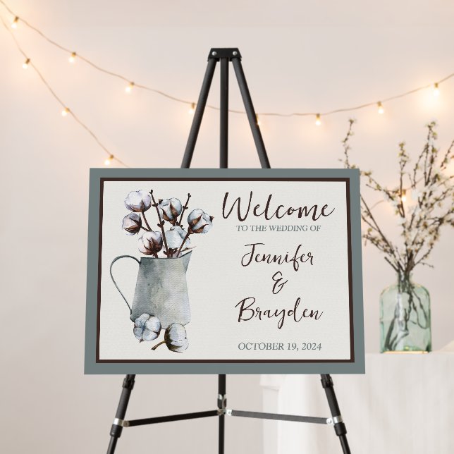 Cotton Stems in Pitcher Wedding Welcome Sign (In Situ (Stand))