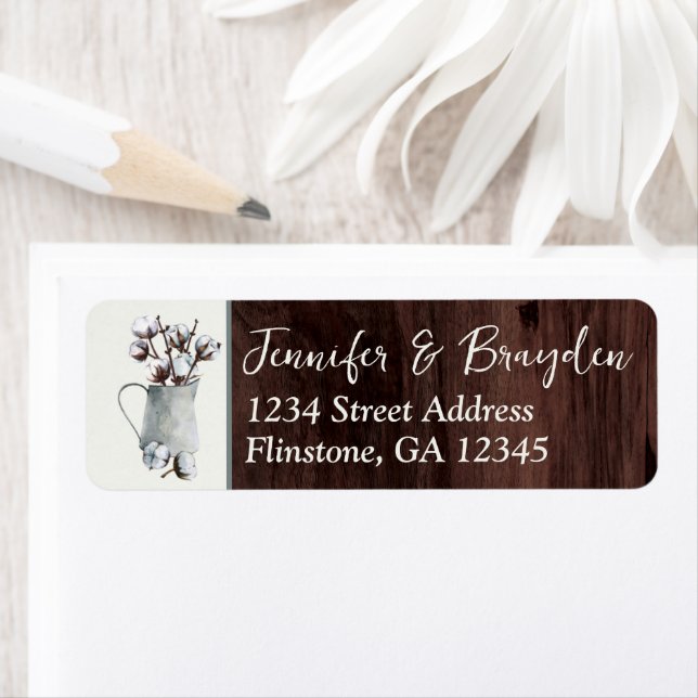 Cotton Stems in Tin Pitcher Wedding Address Label (Insitu)