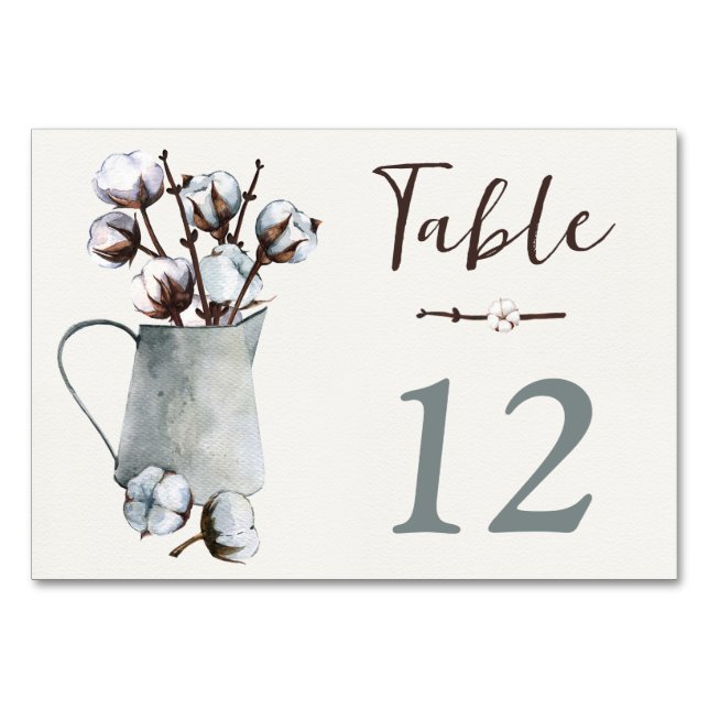 Cotton Stems in Tin Pitcher Wedding Table Number (Front)