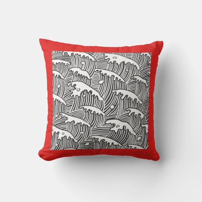 Cotton Throw Pillow, CUSTOM MONOGRAM JAPANESE WAVE Pillow (Front)