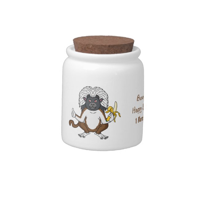 Cotton Top Tamarin monkey cartoon illustration Candy Jar (Left)