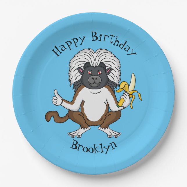 Cotton Top Tamarin monkey cartoon illustration Paper Plates (Front)