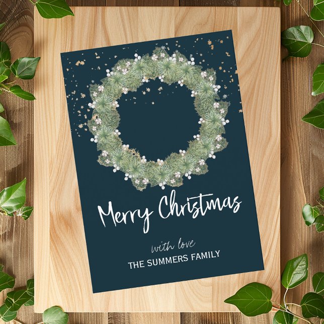 Cotton White Pine Wreath Merry Christmas Holiday Card (Creator Uploaded)