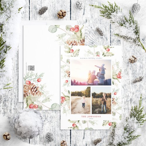 Cotton Winter Greenery 3 Photo Holiday Card