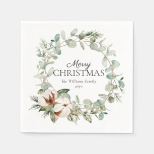Cotton Winter Greenery Wreath Merry Christmas Napkins