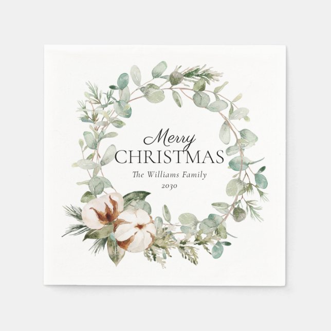 Cotton Winter Greenery Wreath Merry Christmas Napkins (Front)