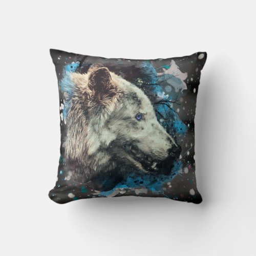  Cotton Wolf Totem Blue Abstract Throw Pillow