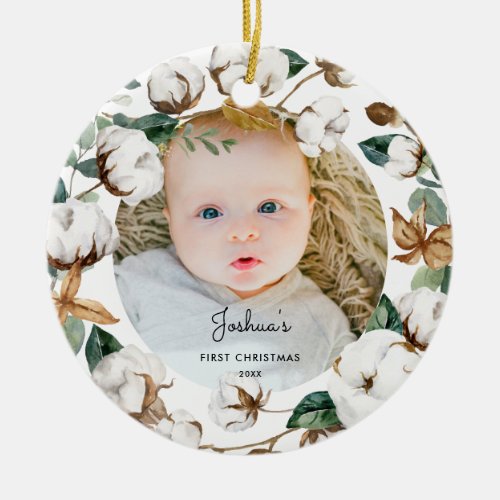 Cotton Wreath Baby 1st Christmas Photo Ornament