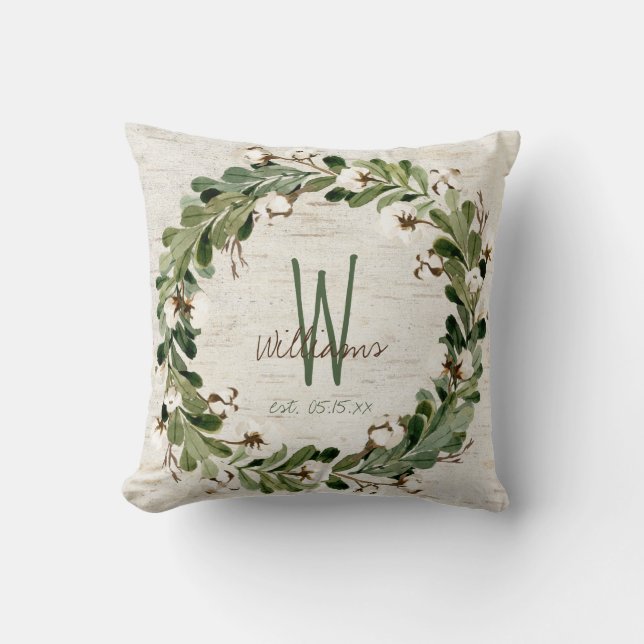 Cotton Wreath Birch Bark Monogram Wedding Keepsake Throw Pillow (Front)