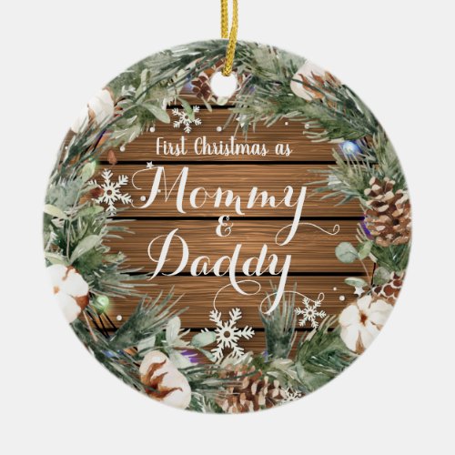 Cotton Wreath Personalized Rustic String light  Ceramic Ornament