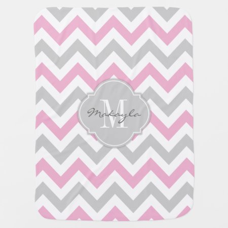 Cottoncandy Pink And Gray Chevron With Monogram Receiving Blanket