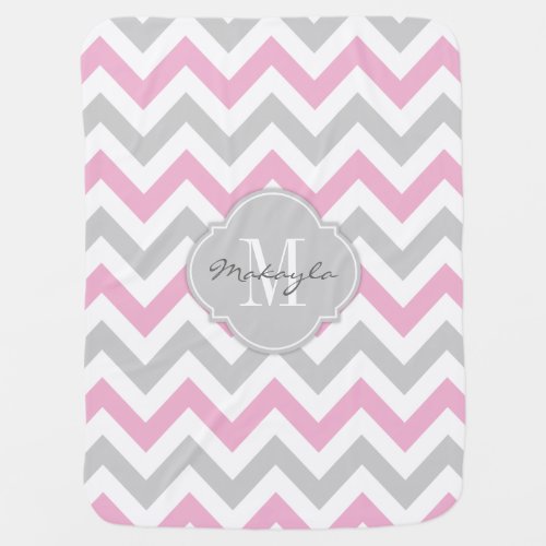 Cottoncandy Pink and Gray Chevron with Monogram Receiving Blanket