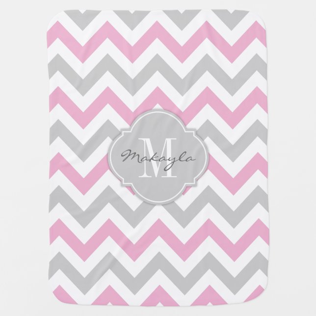 Cottoncandy Pink and Gray Chevron with Monogram Receiving Blanket (Front)