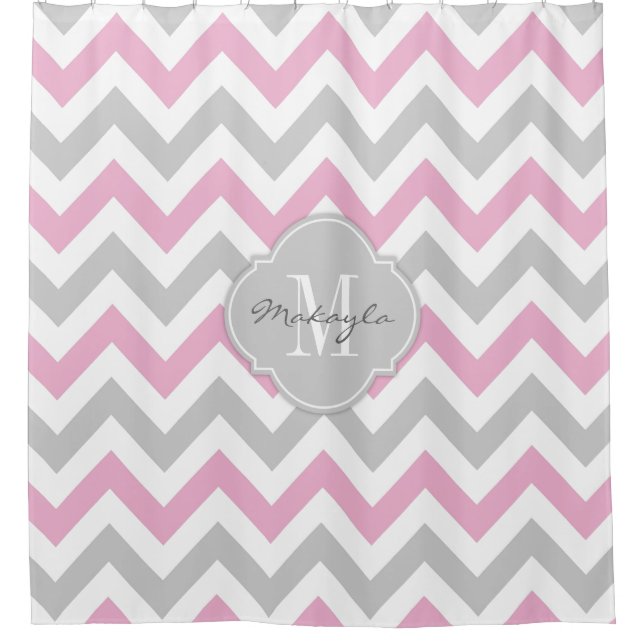 Cottoncandy Pink and Gray Chevron with Monogram Shower Curtain (Front)