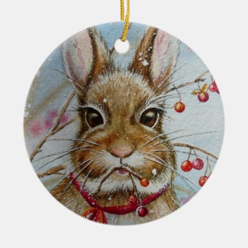 Cottontail Bunny Rabbit Bittersweet Watercolor Art Ceramic Ornament