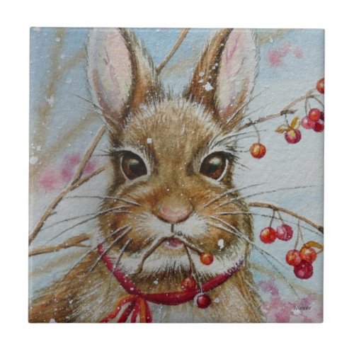 Cottontail Bunny Rabbit Bittersweet Watercolor Art Ceramic Tile