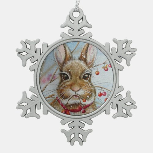 Cottontail Bunny Rabbit Bittersweet Watercolor Art Snowflake Pewter Christmas Ornament
