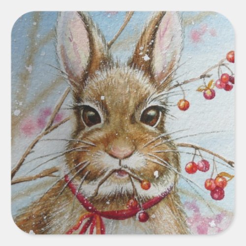 Cottontail Bunny Rabbit Bittersweet Watercolor Art Square Sticker