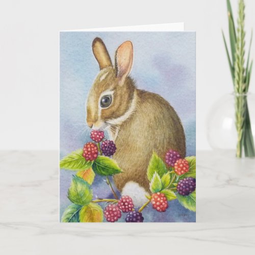 Cottontail Rabbit and Blackberries Watercolor Art Card