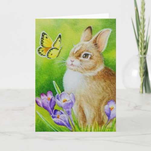 Cottontail Rabbit Butterfly Crocus Watercolor Art Card