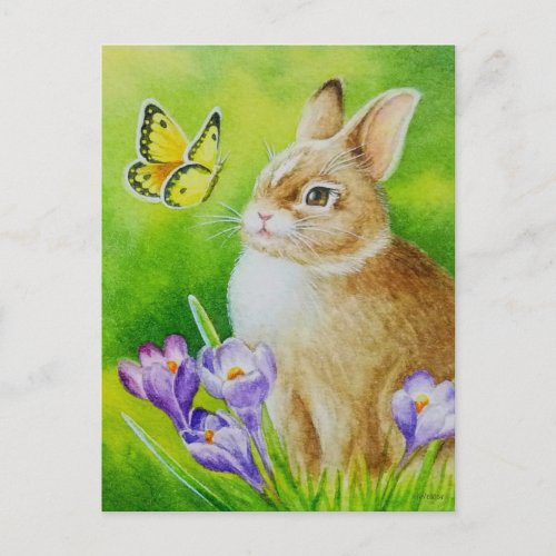 Cottontail Rabbit Butterfly Crocus Watercolor Art Postcard