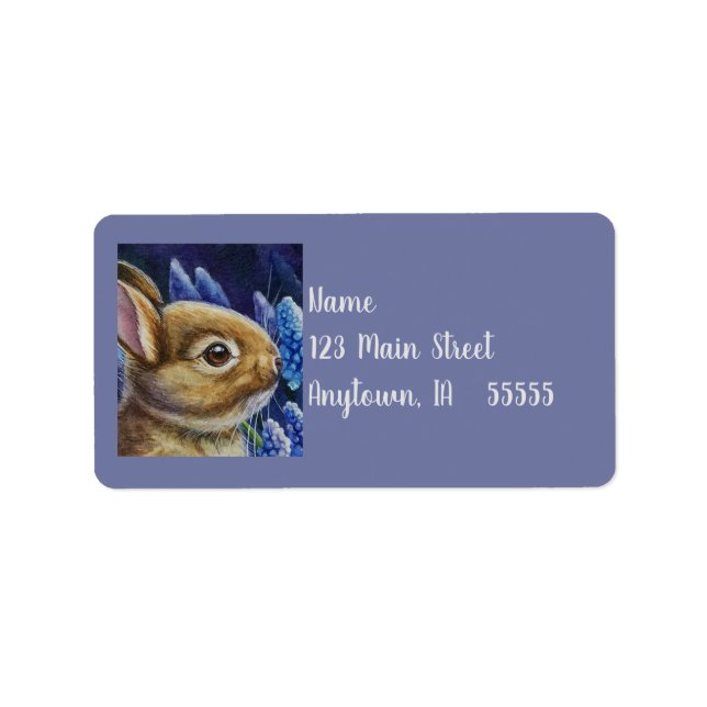 Cottontail Rabbit & Grape Hyacinth Watercolor Art Label (Front)