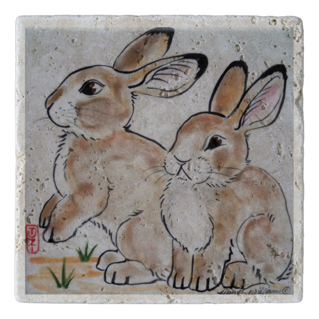 Cottontail Rabbit Oriental Style Stone Tile Trivet (Front)