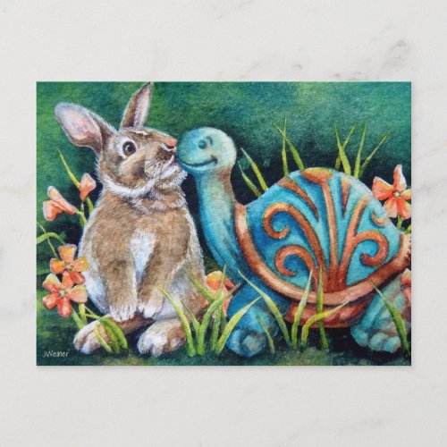 Cottontail Rabbit  Turtle Statue Watercolor Art Postcard