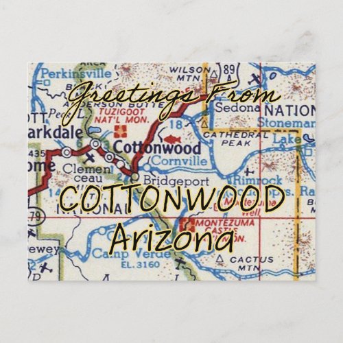 Cottonwood AZ Vintage Map Postcard