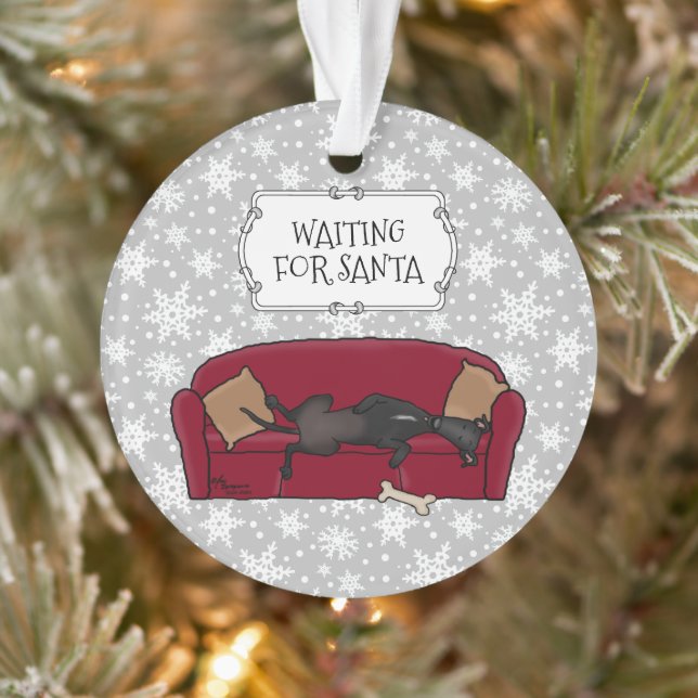 Couch Greyhound (black) Dog Waiting for Santa Ornament (Tree)