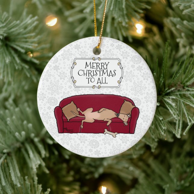 Couch Greyhound (fawn) Dog Waiting for Santa Ceramic Ornament (Tree)