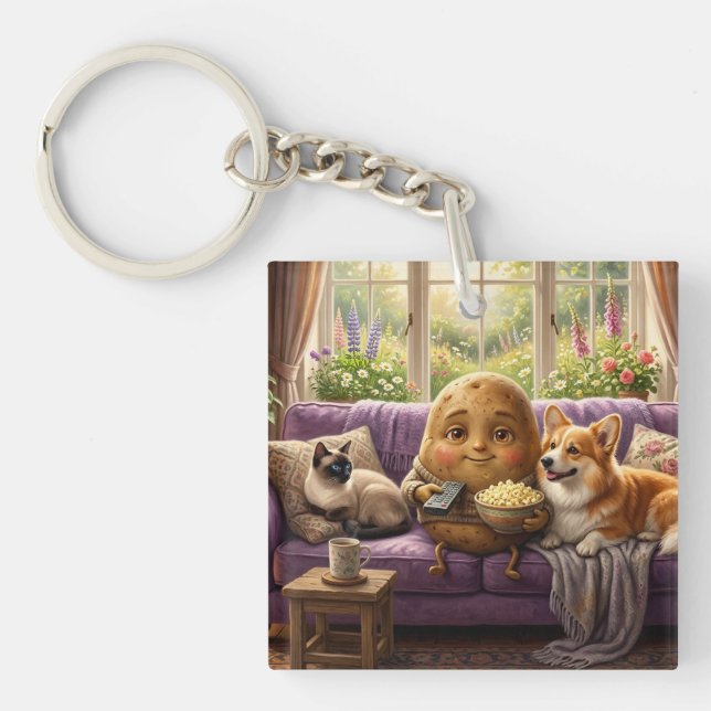 Couch Potato Corgi and Cat Keychain (Front)
