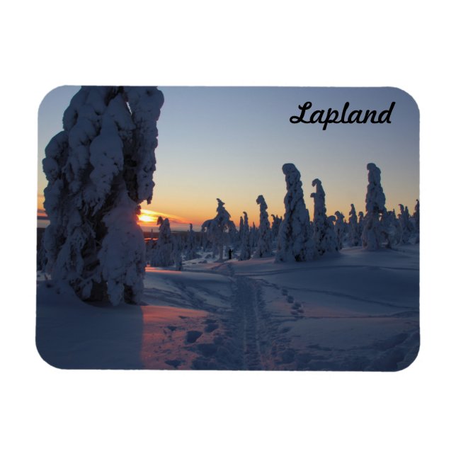 Couché de soleil sur la forêt enneigée en Laponie Magnet (Horizontal)