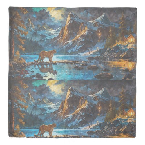 Cougar and Mountain Lake Art Duvet Cover