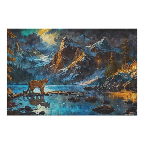 Cougar and Mountain Lake Art Poster