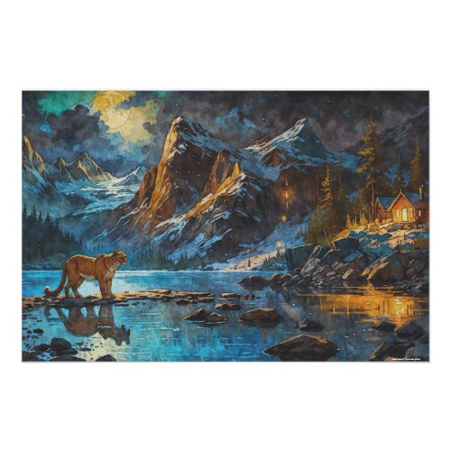 Cougar and Mountain Lake Art Poster