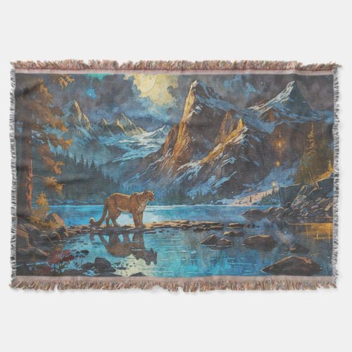 Cougar and Mountain Lake Art Throw Blanket