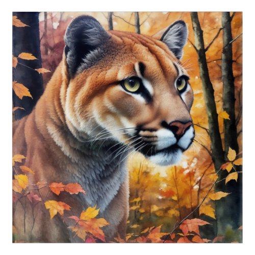 Cougar Cat Autumn Watercolor Art