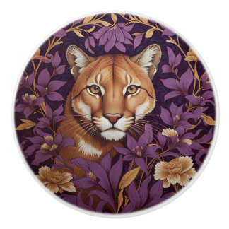Cougar Face Among Deep Purple Foliage and Flowers Ceramic Knob