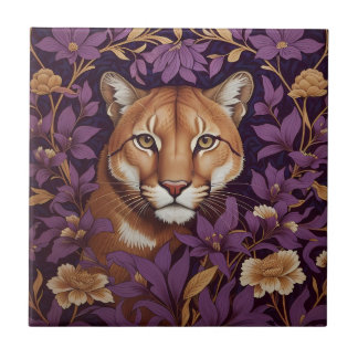 Cougar Face Among Deep Purple Foliage and Flowers Ceramic Tile