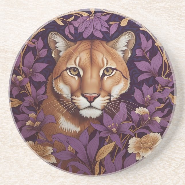 Cougar Face Among Deep Purple Foliage and Flowers Coaster (Front)