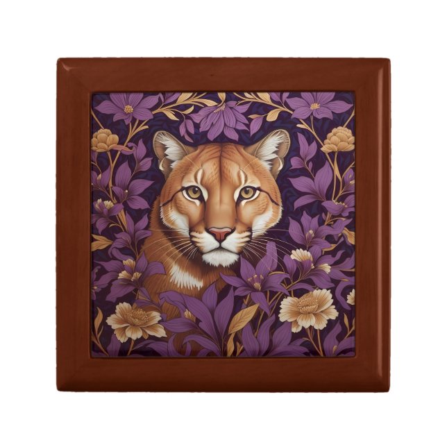 Cougar Face Among Deep Purple Foliage and Flowers Gift Box (Front)