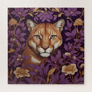 Cougar Face Among Deep Purple Foliage and Flowers Jigsaw Puzzle